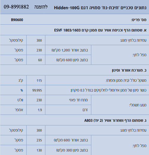 נתונים טכניים תיבת-נח סמויה דגם hidden-50